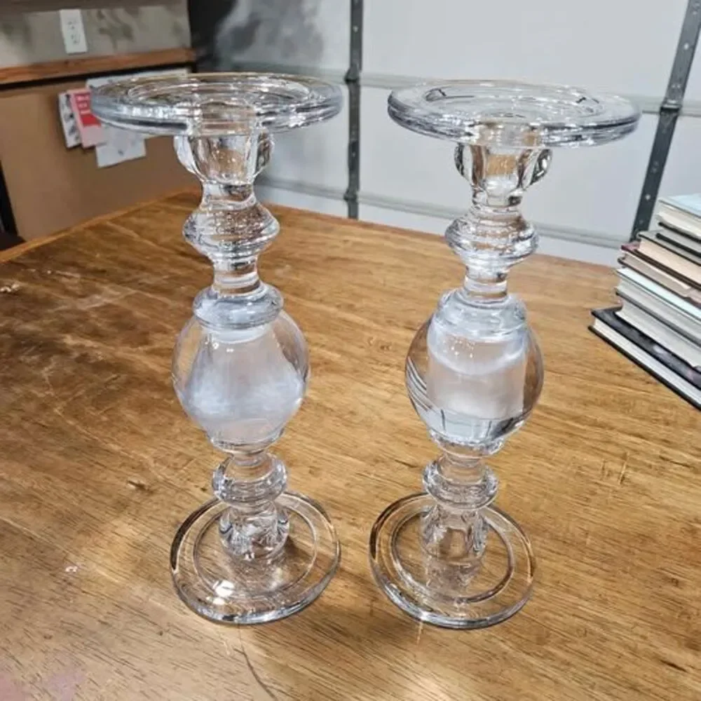 Pair tall clear glass decorative candle holders
